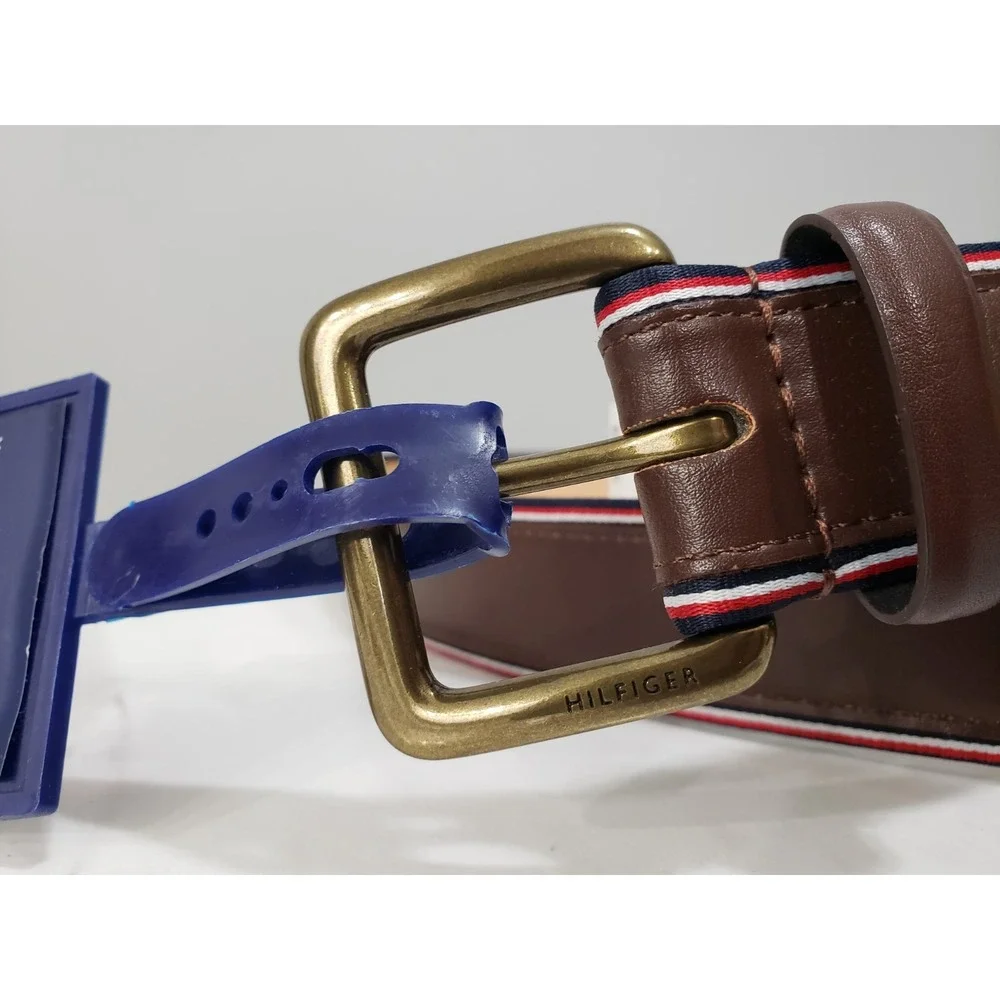 NEW XL -‎ 42/ 44 Tommy Hilfiger Faux Leather Belt WITH FLAG LOGO BORDER